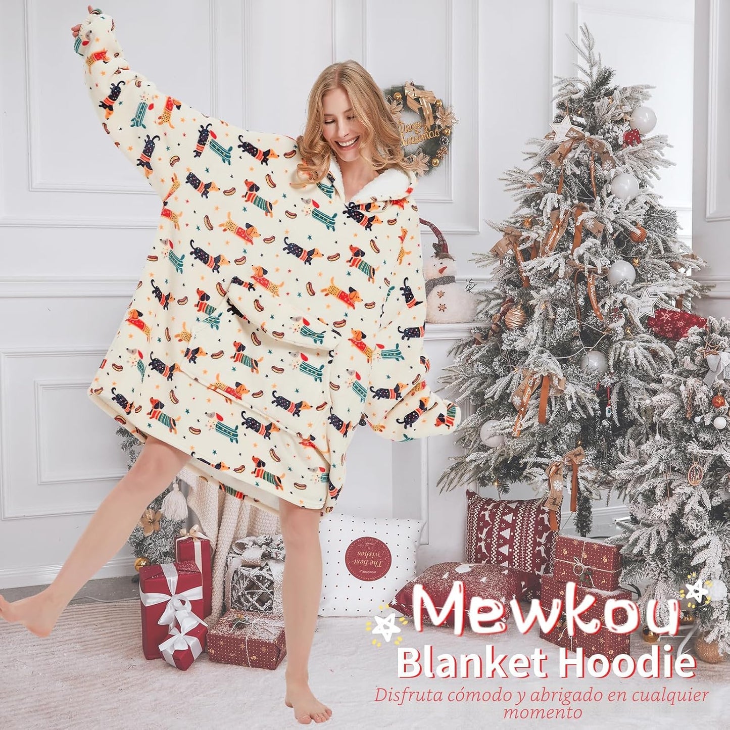 Mewkou - Manta con capucha portátil para adultos, manta con capucha de forro polar sherpa de gran tamaño para mujeres y hombres, Dachshund