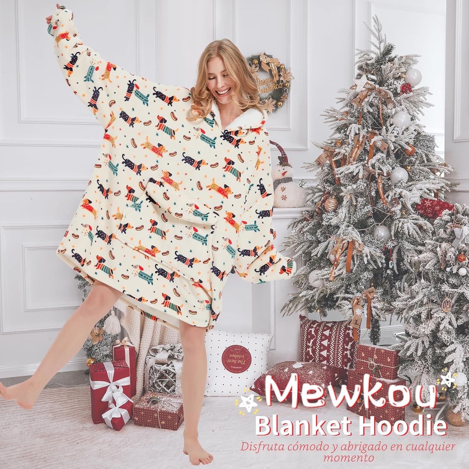 Mewkou - Manta con capucha portátil para adultos, manta con capucha de forro polar sherpa de gran tamaño para mujeres y hombres, Dachshund
