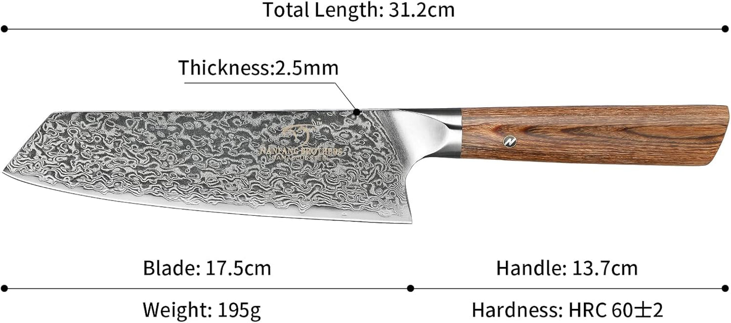 Santoku Knife, Gyuto Knife, Nanfang Brothers VG10+ Damascus, 67 Layers, Good Sharp, Multifunctional, Cooking Utensil, Meat, Vegetables, and Fruits, For Home Use, Commercial Use, (Wood Handle) Santoku Knife, 6.9 inches (175 mm)