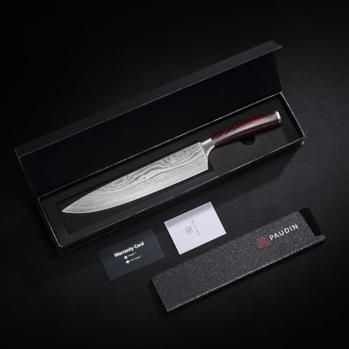 PAUDIN Gyuto Knife 7.9 inches (200 mm) with Sheath + Damascus Santoku Knife 7.1 inches (180 mm) VG10 Steel + Damascus Petite Knife 3.5 inches (90 mm) VG10 Steel