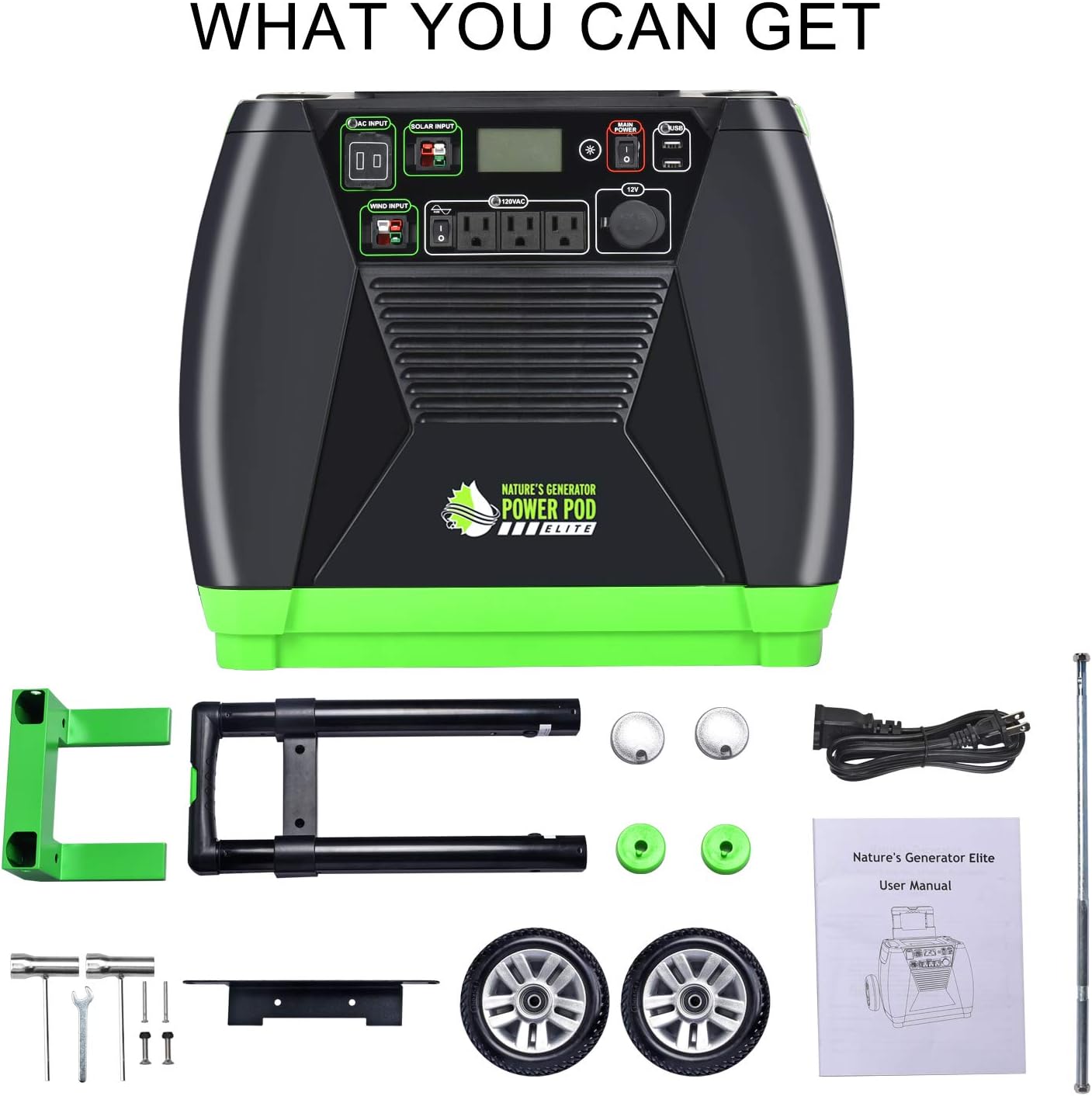 Nature's Generator Elite with Cart - 3600w Solar and Wind Generator Quiet Operation with 12V DC Ports, 2 USB Ports, 3 AC Outlets, 120V 30amp Sine Wave AC Outlets