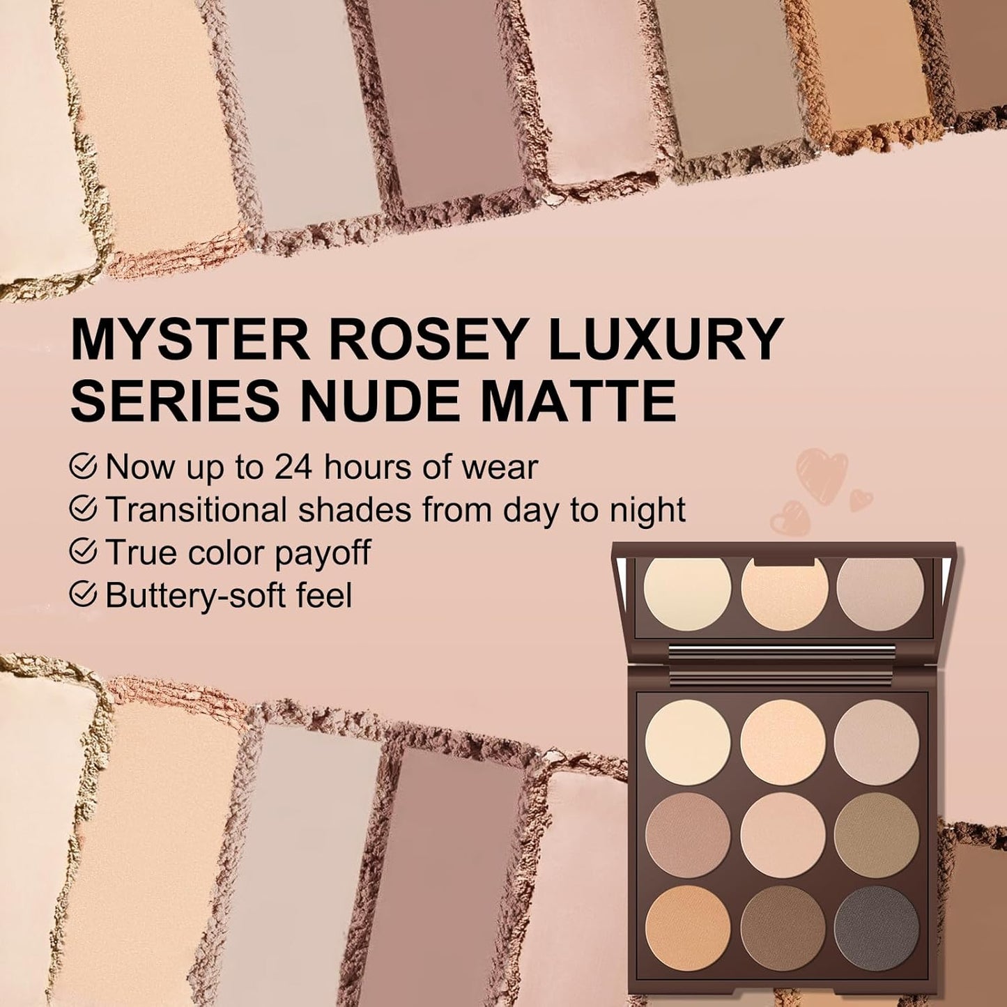 MYSTER ROSEY Paleta de sombra de ojos neutra, paleta de sombra de ojos nude, paleta de maquillaje de sombra de ojos mate con espejo, uso duradero, vegano, libre de crueldad, 0.5 onzas