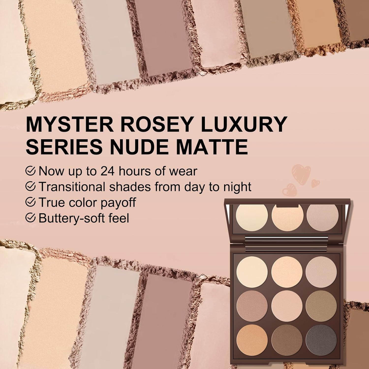MYSTER ROSEY Paleta de sombra de ojos neutra, paleta de sombra de ojos nude, paleta de maquillaje de sombra de ojos mate con espejo, uso duradero, vegano, libre de crueldad, 0.5 onzas