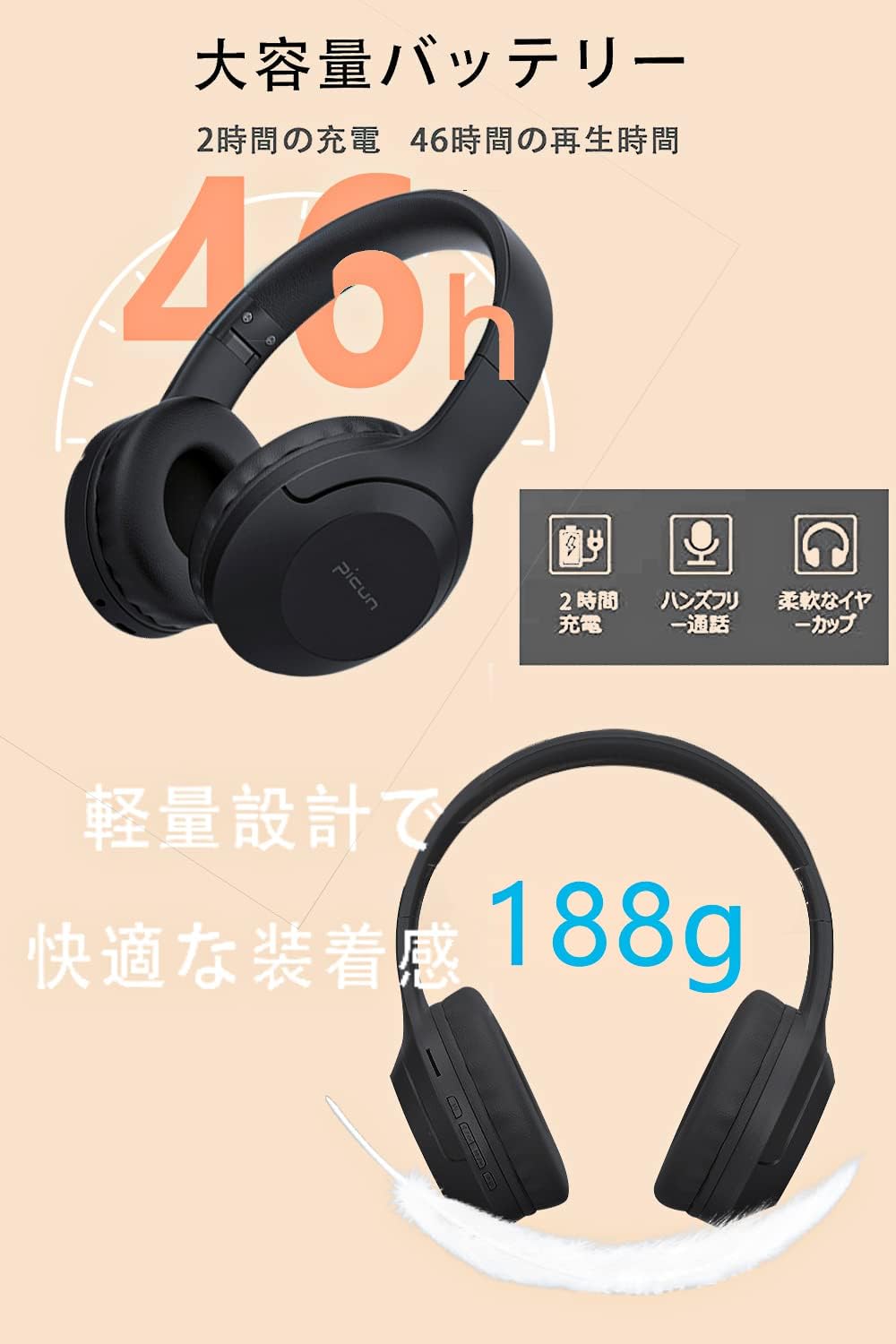 Picun Wireless Headphones, Over-Ear Headphones Upgraded Version Bluetooth V5.3 HiFi Stereo Closed-Back Heavy Bass No Latency Lightweight Foldable 40mm HD Driver Unit 50H Playback/Talking Noise