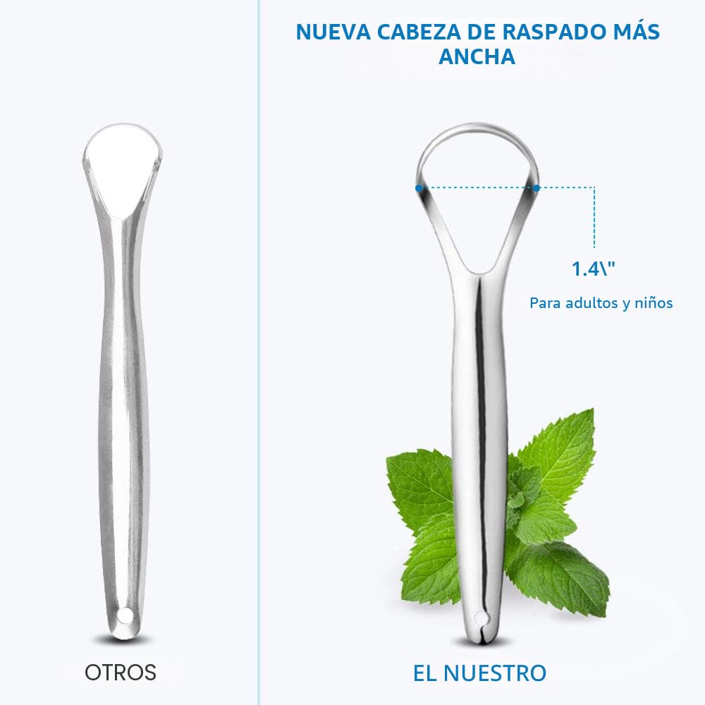 Cafhelp Paquete de 2 raspadores de lengua, 100% acero inoxidable quirúrgico 304, limpiador de lengua para adultos y niños, raspadores de lengua metálicos profesionales para reducir el mal aliento