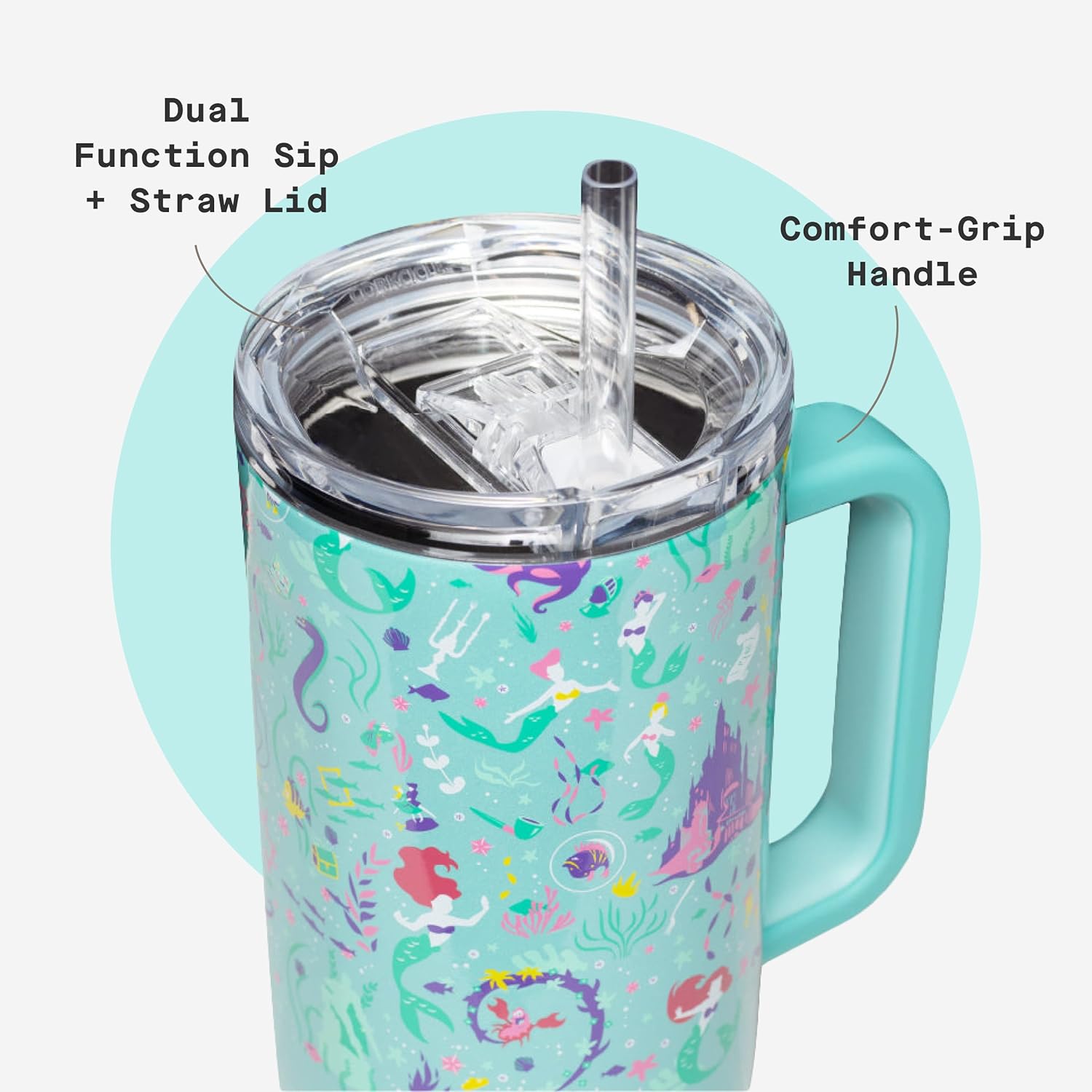 Corkcicle Cruiser - Vaso aislado con asa y pajilla, mantiene las bebidas frías 20 horas, triple aislamiento, regalo de verano, mantiene las bebidas heladas, 40 onzas, Princesa Ariel