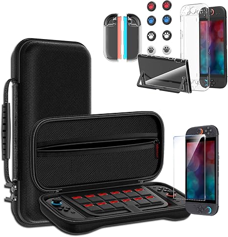Switch 2 専用 ケース Sungale 収納ケース＋ガラス保護フィルム＋スティックキャップ8枚＋分体式設計 PCカバー+ TPUグリップカバー 12ゲームカードスロット 大容量 収納バッグ 耐衝撃 防塵 全面保護 防水