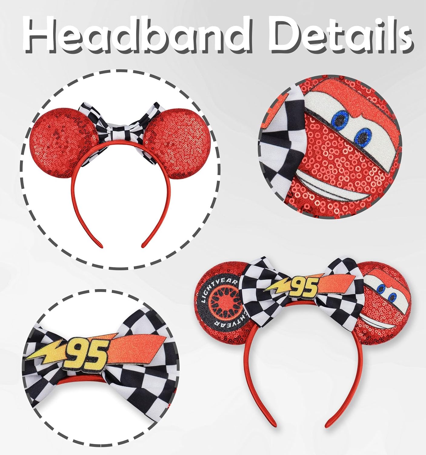 Diadema con orejas de ratón, diadema con orejas de auto de Lighting McQueen para fiesta de cumpleaños de niños - Diadema con orejas de auto