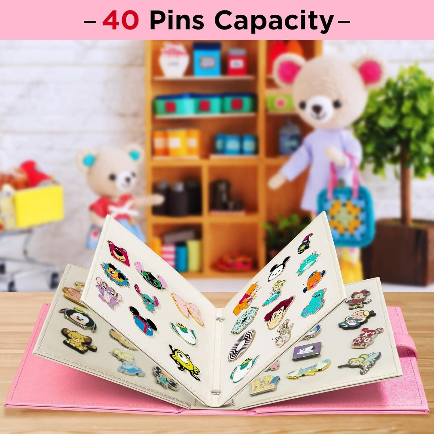 Álbum de pines esmaltado portátil, libro de intercambio de pines, piel sintética, color rosa | Moderno, capacidad de 42 pines, parte trasera de goma