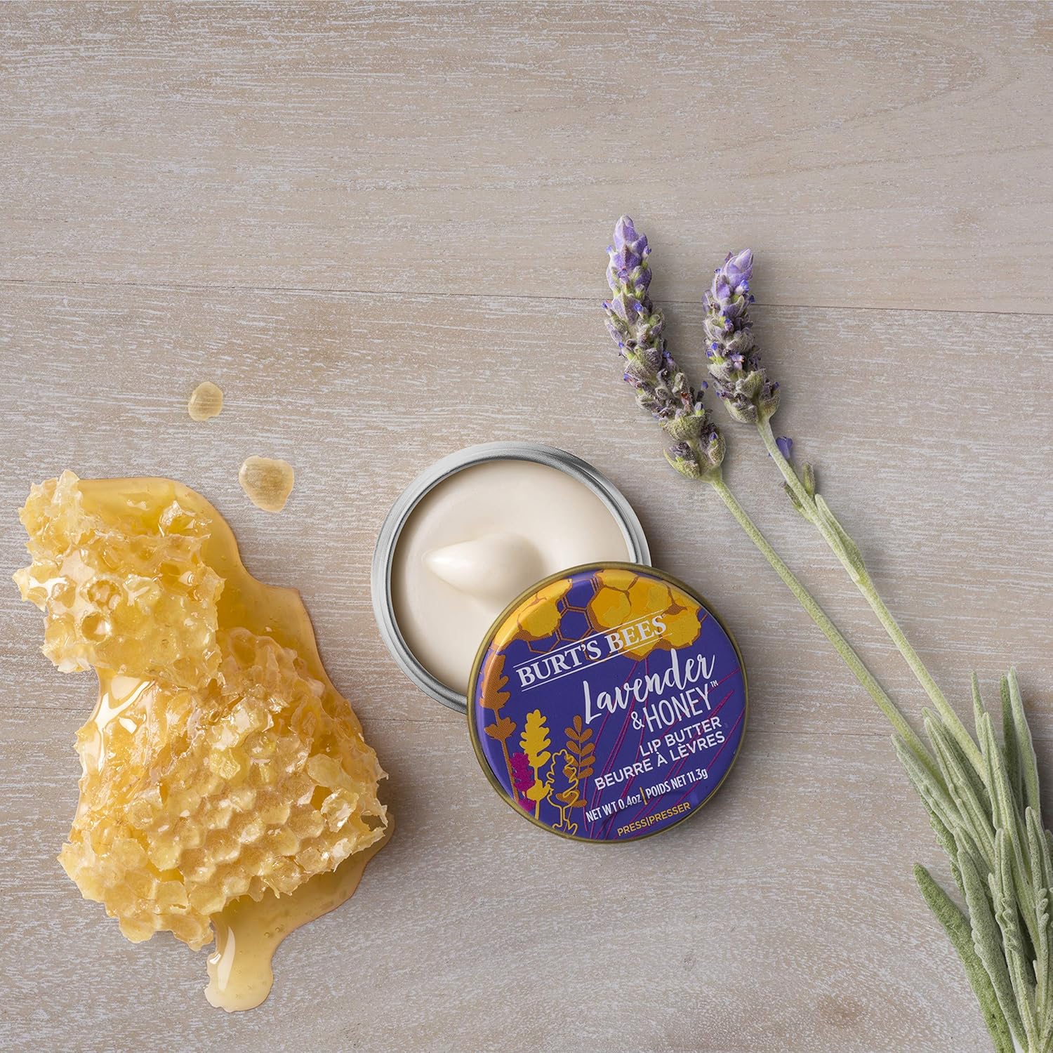 Burt's Bees Mantequilla de labios de origen natural 100% con manteca de karité y cacao, lavanda y miel, 1 lata