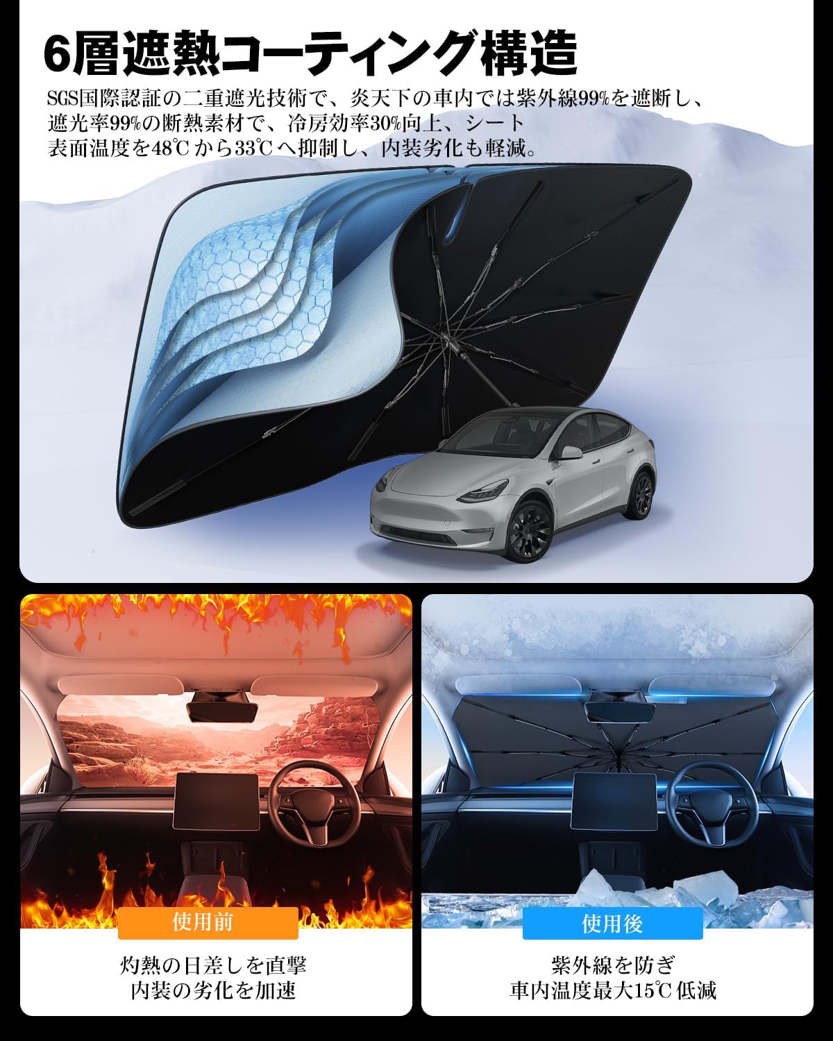 Ruiya 2023 New Model Toyota Prius 60 Prius 65 Series Sun Shade for Umbrella, Windshield, Parasol, Prius 60 Series, Bendable Middle Pole, 10 Fiberglass Ribs, Sleeping in Car, Light Blocking, Heat