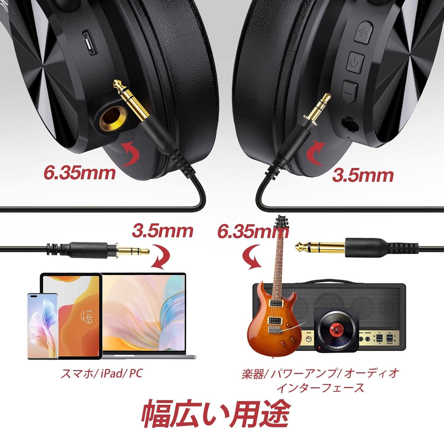 OneOdio A70 Bluetooth Headphones Over-Ear Wireless Headphones, 72 Hours Playtime, 3.5mm/6.35mm Jack Compatible, For Studio Monitoring, Mixing, DJ, Guitar Amplifier, Laptop, PC, Tablet
