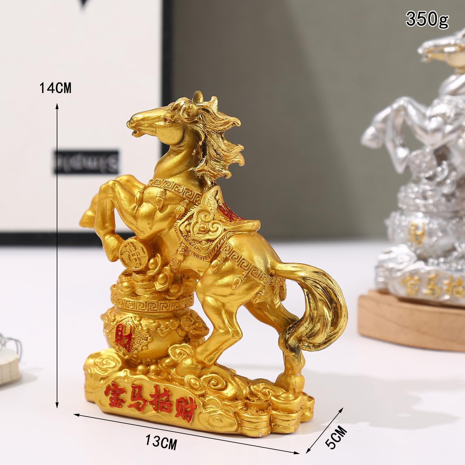 金色の馬の置物 風水装飾品 財運招福 中国伝統工芸品 樹脂製 デスク装飾 (金)