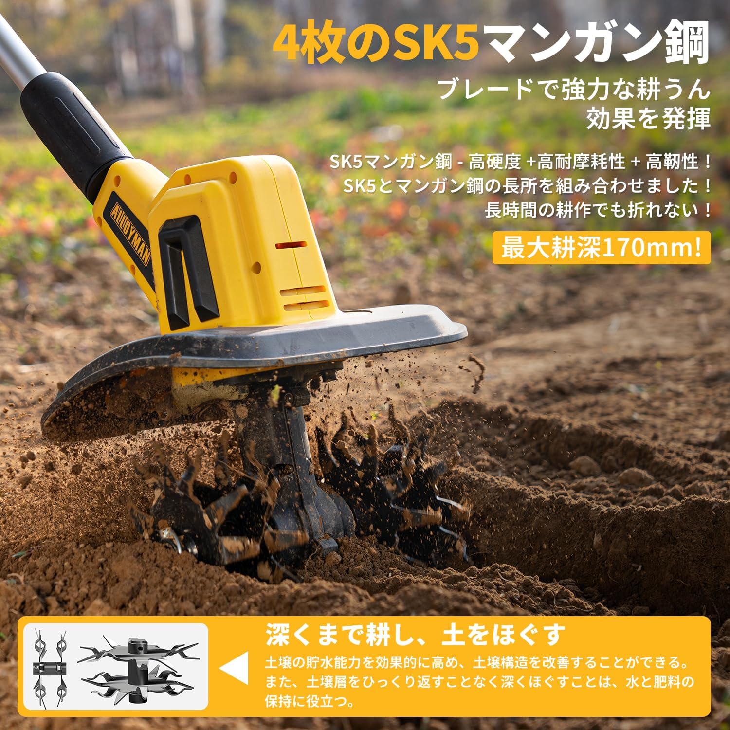 Alloyman Rechargeable Tiller for Home Use, 2025 New Release, 2 Pieces 2.0 Ah Battery Set, 20 V, Tilling Width 10.0 inches (255 mm), Tilling Depth 8.7 inches (220 mm), Cordless, Small, Lightweight