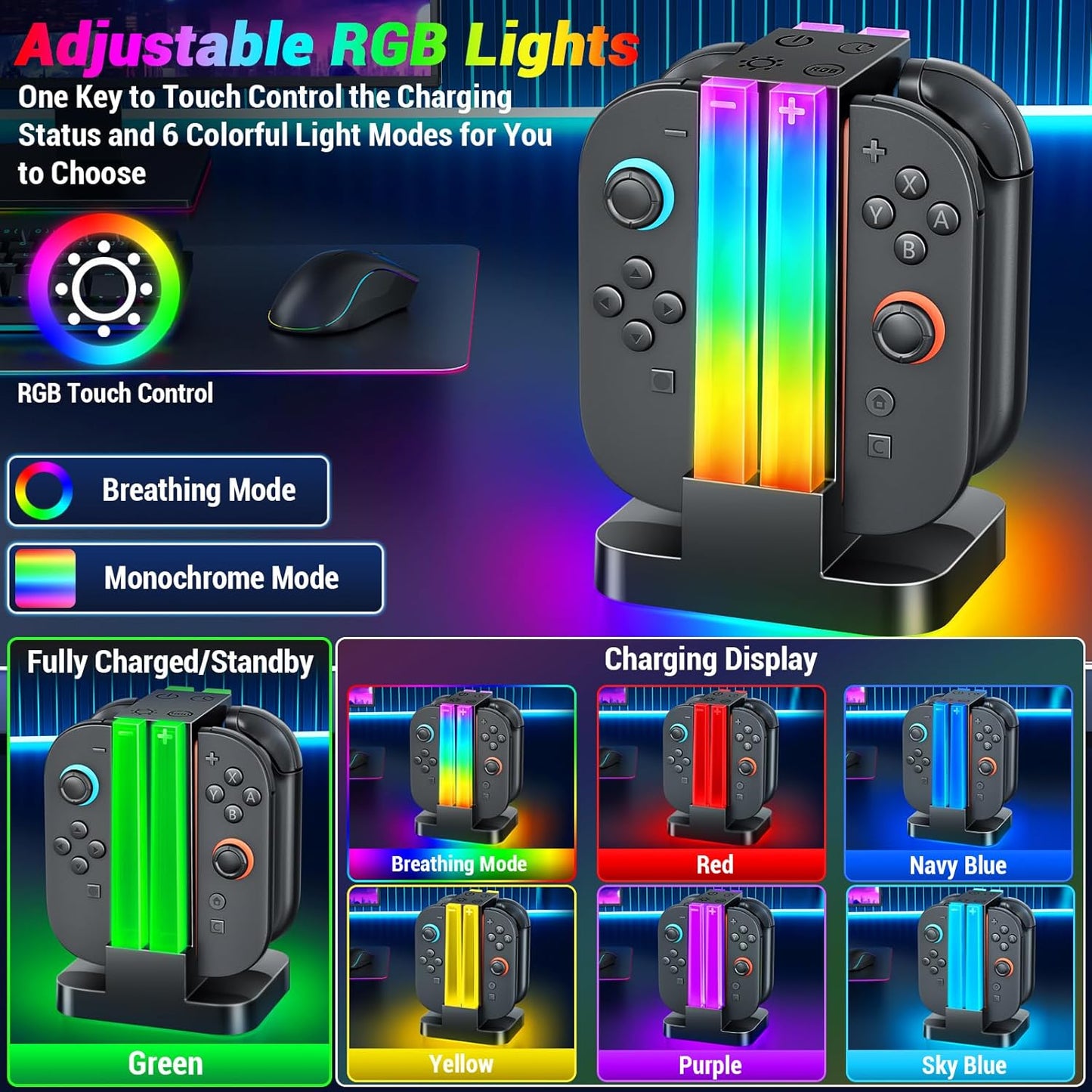 Switch 2 Joicon Charger Stand, RGB Light, 6, Joicon, Switch 2, Timing Function, Overcharge Prevention, USB-C Cable Included, Will Controller, Charger