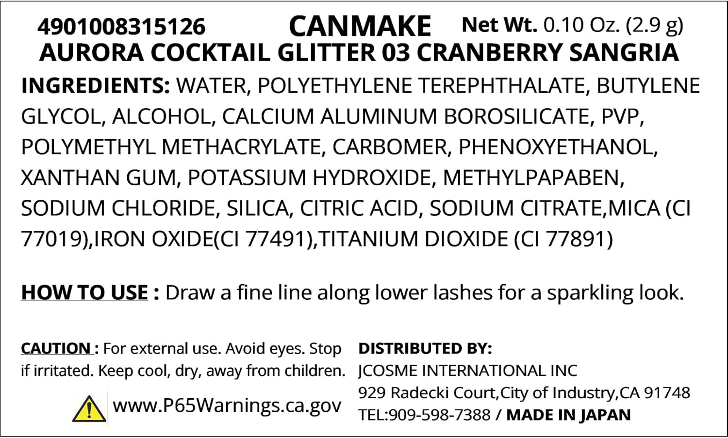 Canmake Aurora Cocktail Glitter Cream 03 Cranberry Sangria 0.1 oz (2.9 g) Glitter Pearl Teardrop Bag Lower Eyelid
