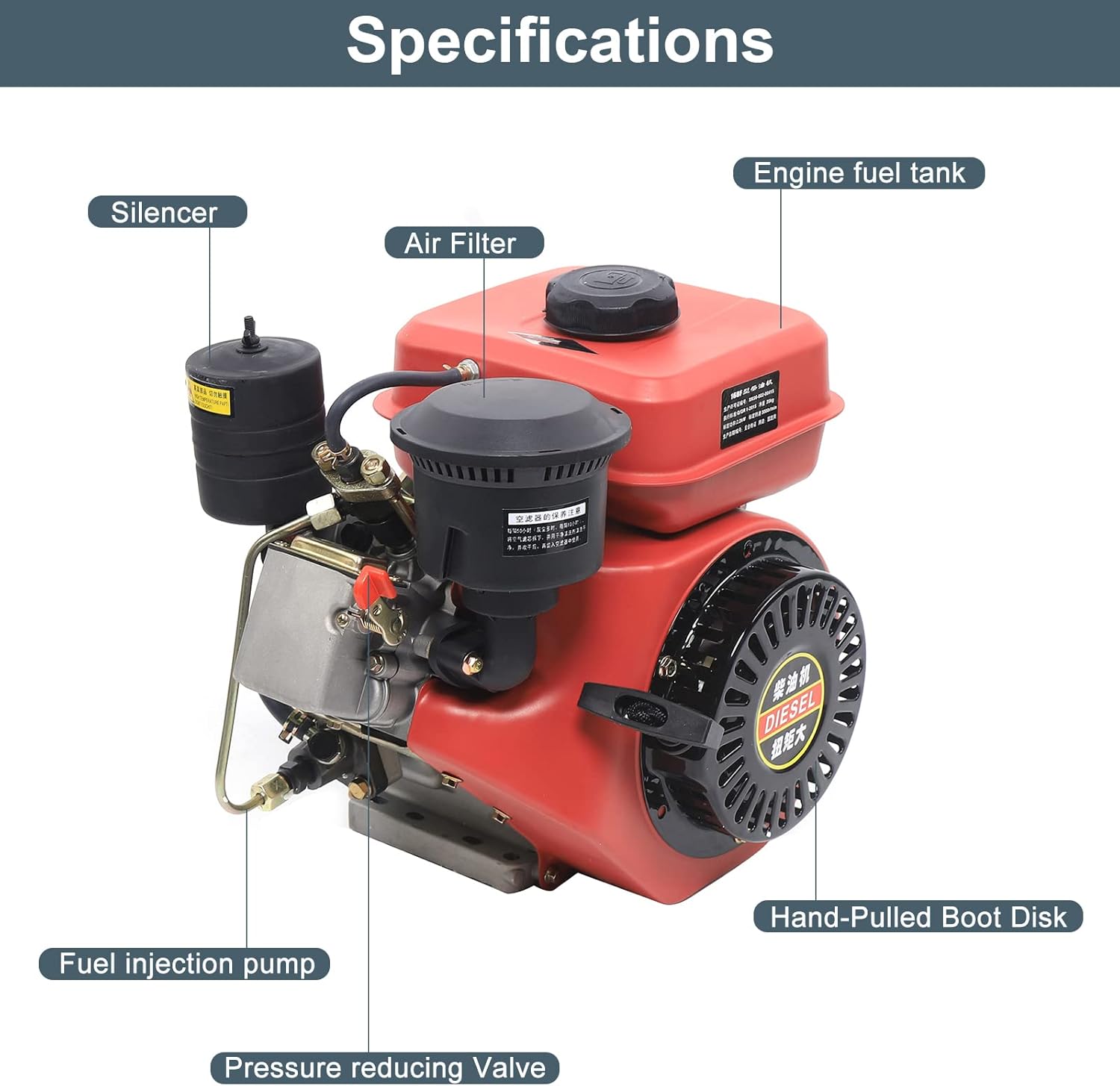 Go Kart Motor Engine Diesel Engine 3HP 196CC 4 Stroke Single Cylinder Air Cooled Diesel Motor Manual Recoil Start Horizontal Shaft Engine Go Kart Lawn Mower Generator Wood Splitter