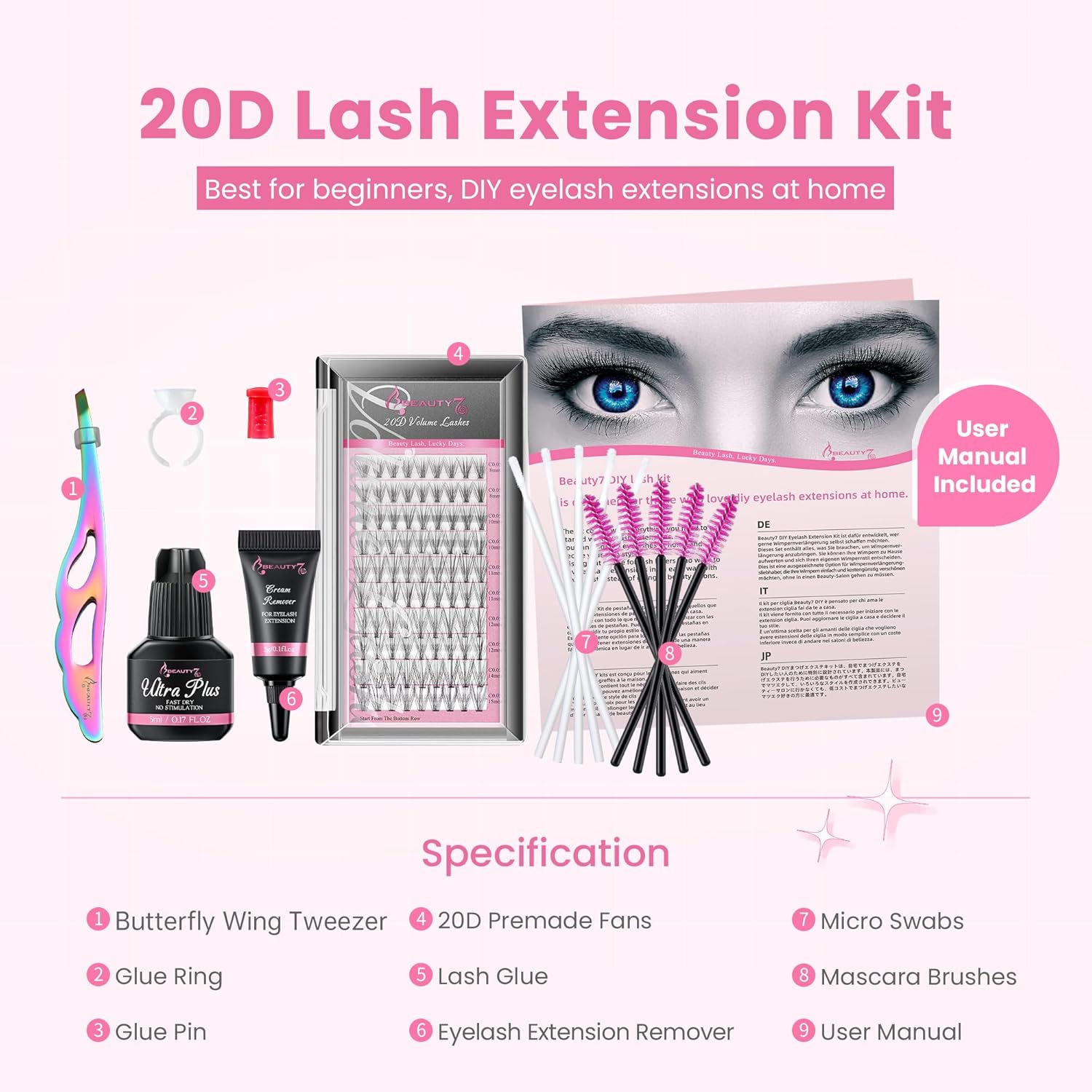 Beauty7 Self Matsueku Kit, Eyelash Extensions Set, Complete Kit, 20D, 20 Bundles, C Curl, Volume Rush, Mixed Length, Non-irritating, Glue, Cream Remover, Quick Dry Type, Eyelash Eck, Curved Tweezer,
