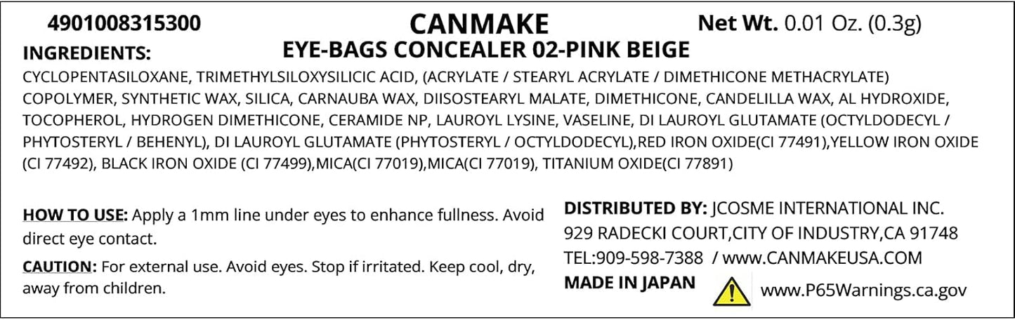 Canmake Pencil Eye Bag Concealer 02 Pink Beige Teardrop Bag Makeup Waterproof Stains Acne Blue Base 1 Piece (x1)
