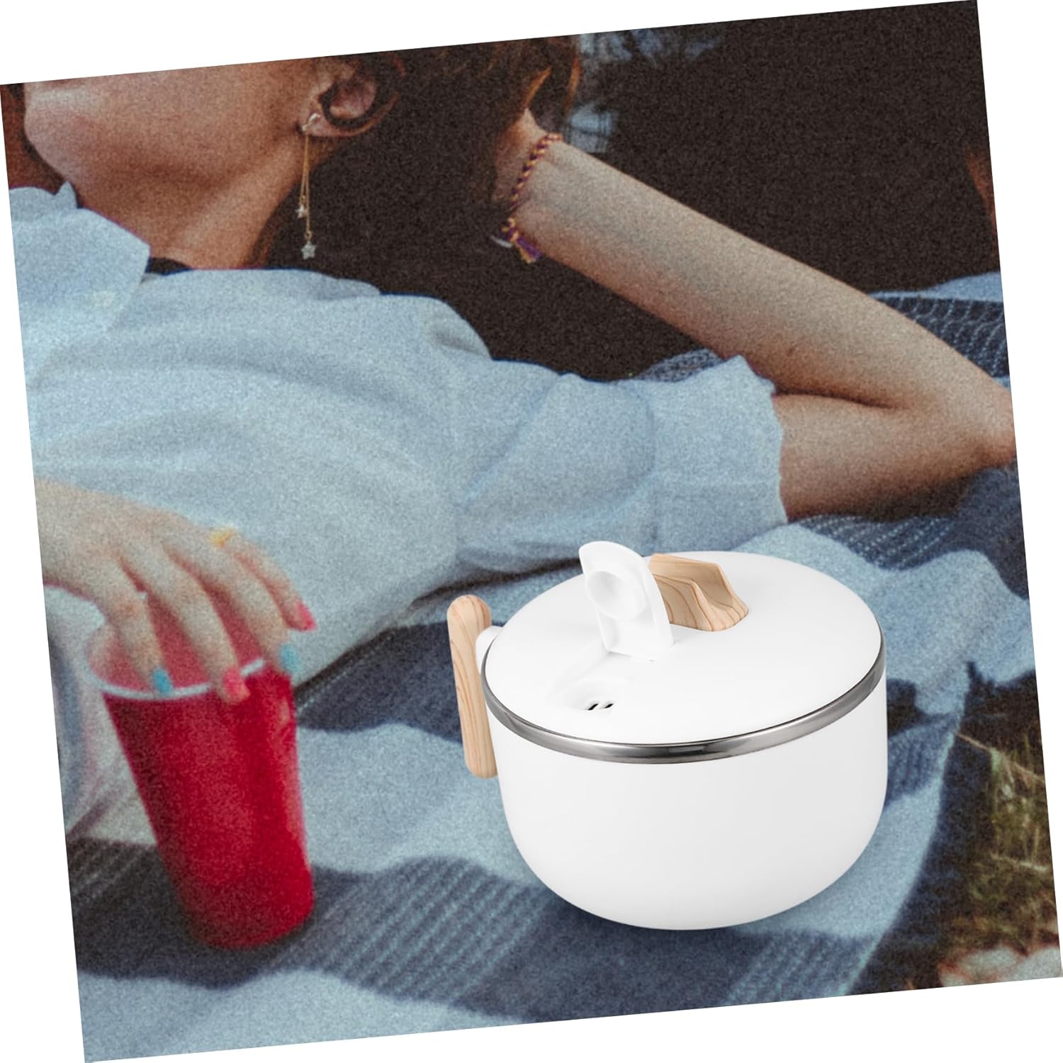 JECOMPRIS Instant Noodle Bowl, Instant Ramen Bowl, Udon Bowl, Cute Ramen Bowl, Ramen Bowl with Lid, Instant Ramen Bowl, Stainless Steel Bowl with Lid, Plastic, Stainless Steel, White