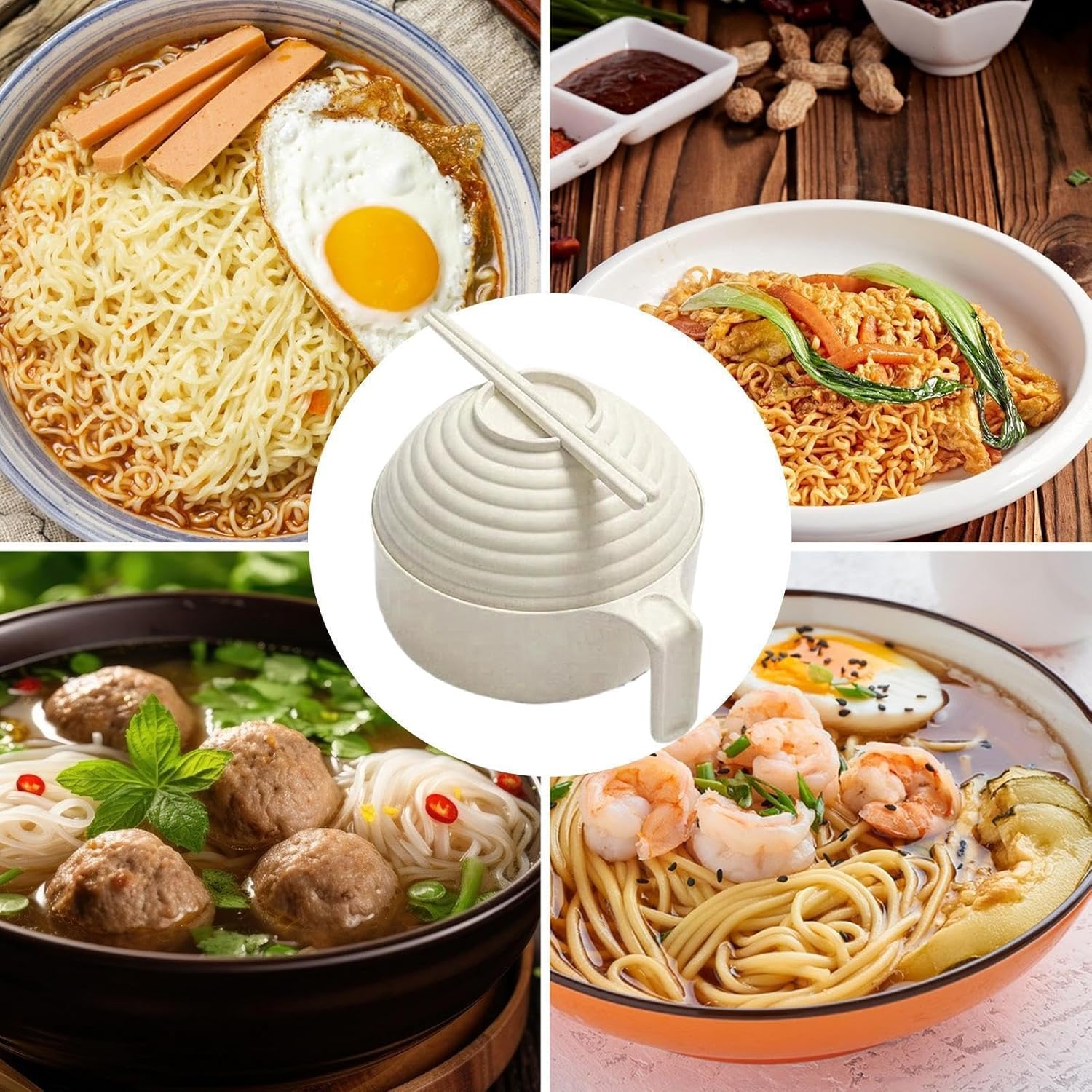 Ramen Cooker Bowl Set, Instant Ramen Bowl Set - Ramen Bowl Set Noodle Instant Cooker Bowl Set, Ramen Noodle Microwave Bowl Set with Chopsticks Spoon for Ramen, Pho, Udon, Soba, Noodles