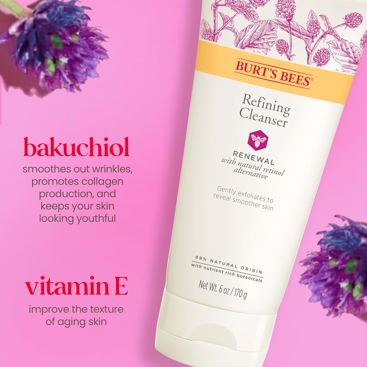 Burt's Bees Limpiador refinador renovador con alternativa de retinol natural Bakuchiol, 6 onzas (el paquete puede variar)