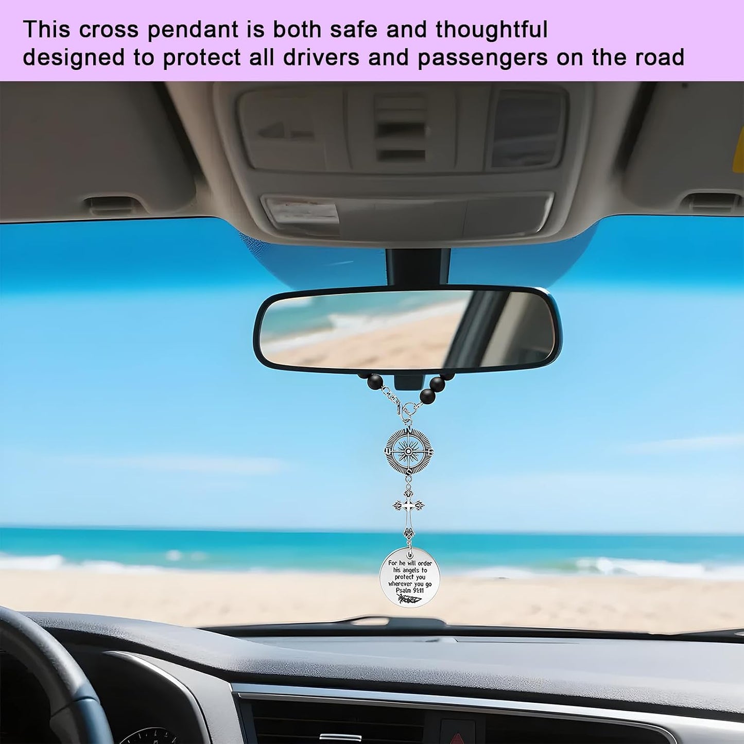 Cross Car Charm, Religious Bible Verse Auto Rear View Mirror Pendant, Psalm 91:11 Christian Rear View Mirror Hanging Ornament Cross Charm for Most Vehicles, Car Accessories