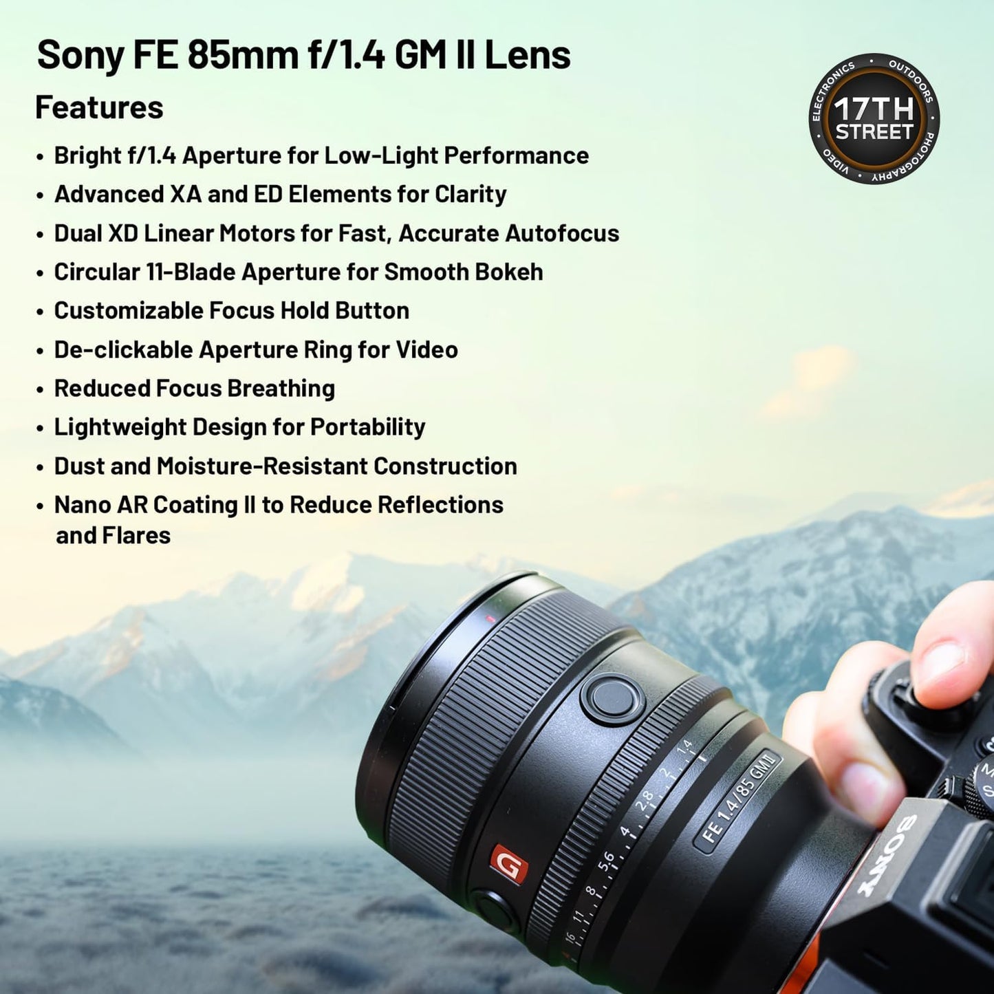 Sony FE 85mm f/1.4 GM II レンズ Eマウントカメラ用 | フルフレーム大口径デジタルカメラレンズ Corel Art Suiteソフトウェアキット付き SanDisk 64GB メモリーカードとカメラバックパック - エッセンシャルバンドルキット