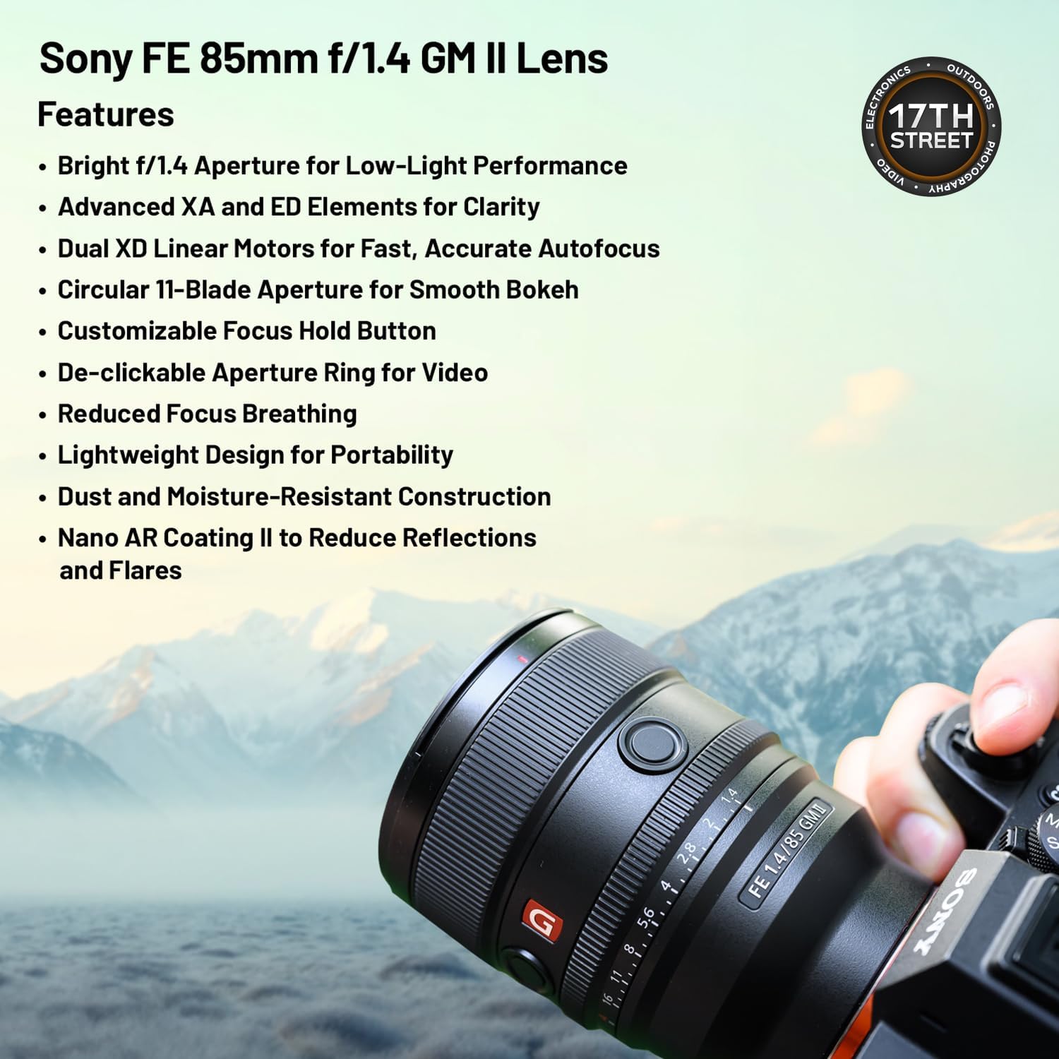 Sony FE 85mm f/1.4 GM II レンズ Eマウントカメラ用 | フルフレーム大口径デジタルカメラレンズ Corel Art Suiteソフトウェアキット付き SanDisk 64GB メモリーカードとカメラバックパック - エッセンシャルバンドルキット