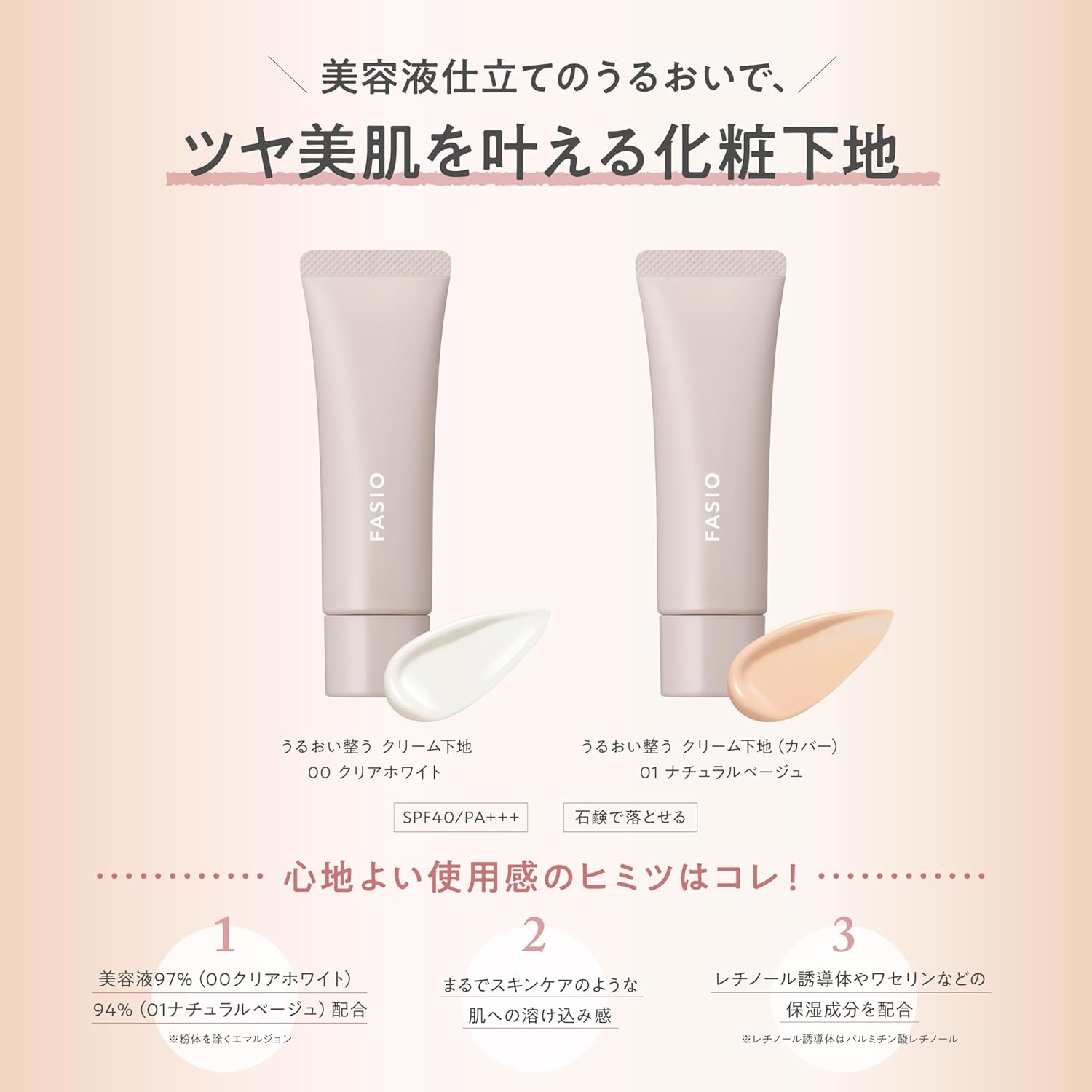 FASIO Moisturizing Cream Base (Cover) 01 Natural Beige 1.1 oz (30 g) Makeup Foundation SPF40 PA+++ Washable With Soap, Glossy Beauty Serum, Dry Retinol Derivative, Unscented