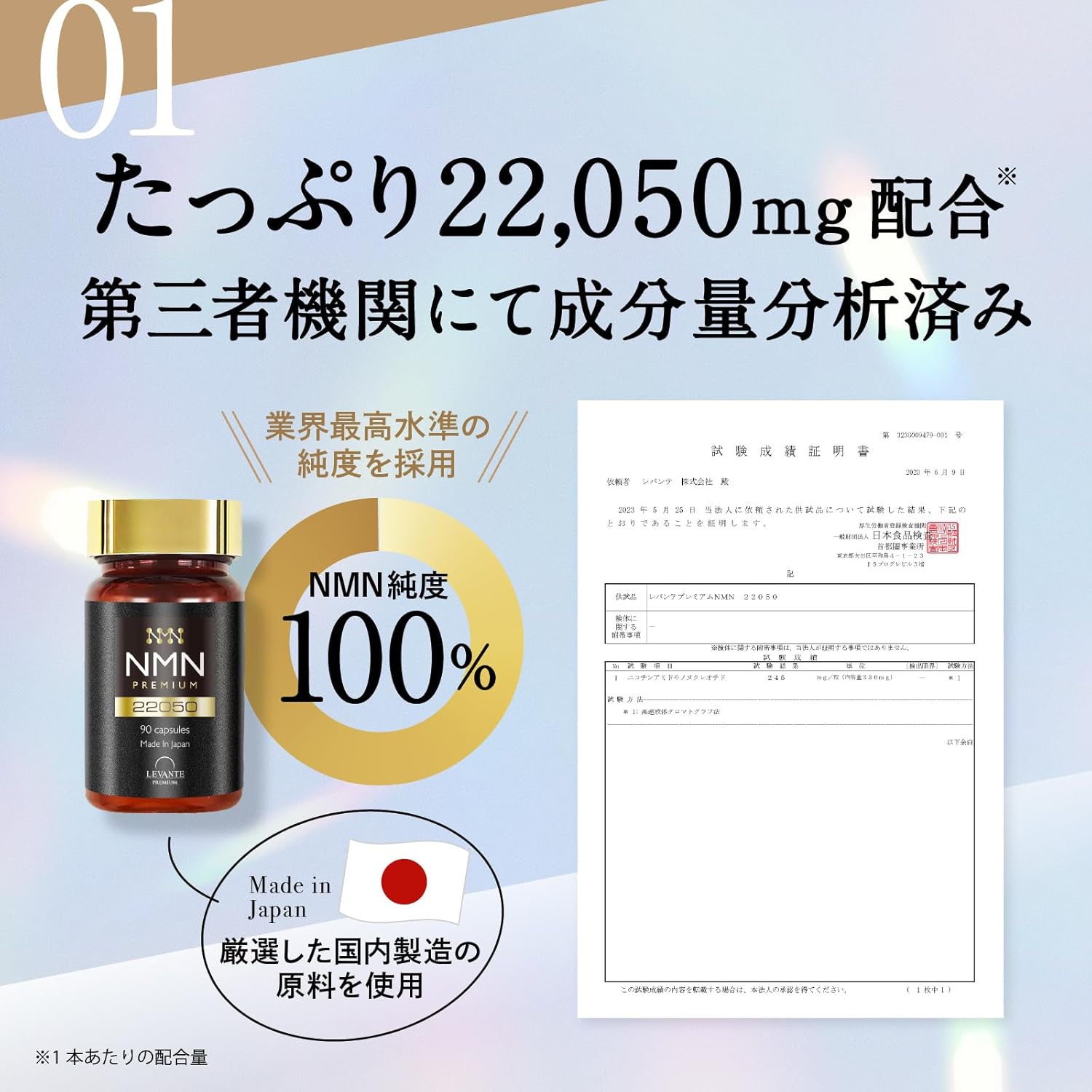 NMN Supplement 22050 mg (245 mg per capsule) Made in Japan High Purity 100% Analyzed Alpha Lipoic Acid Royal Jelly Resveratrol Niacin (Vitamin B3) 90 Capsules No Titanium Dioxide Levante
