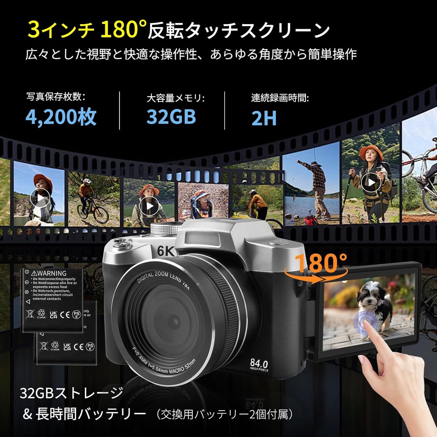 [2025 Strongest 6K Recording] Digital Camera, 84 Megapixel Digital Camera, Smartphone Camera, Wi-Fi Transfer, Compact Camera, 180° Rotation, Display, Auto 18x Digital Zoom, Focus, Selfie LED Light