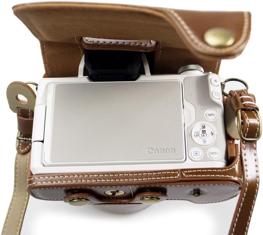 kinokoo Camera Bag for Canon EOS Kiss M/EOS Kiss M2/EOS M50/EOS M50 Mark 2 Camera Bag for 15-45mm Lens Replacement Battery Tripod Screw Hole PU Leather Full Protection with Shoulder Strap (Brown)