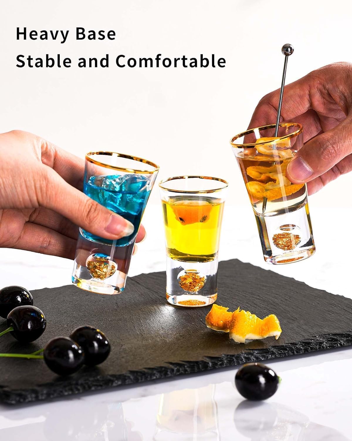 【morningplace】Crystal Shot Glass Heavy Base with 4K Gold Foil Flakes Heat Resistant Cup Gift Tequila Espresso Party (Set of 6)