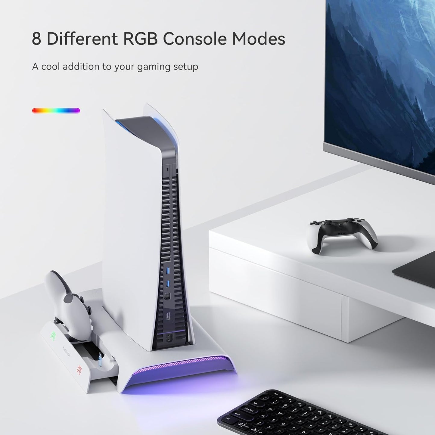 KIWIHOME PS5 Stand, Vertical Stand, Magnetic Charging Version, PS5 Peripheral Devices, RGB Effect, 2 Controllers, Charging Stand, 3 USB Ports, PS5, Cooling Fan, PS5, Stand, Vertical, Compatible with