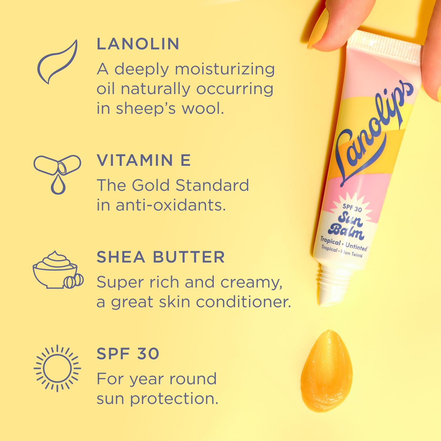 Lanolips Sun Balm Tropical SPF 30 - Hidratante labial de lanolina hidratante con aroma a piña, esenciales de playa y cuidado solar con protección UVA/UVB de amplio espectro, sin teñir (0.44 onzas)