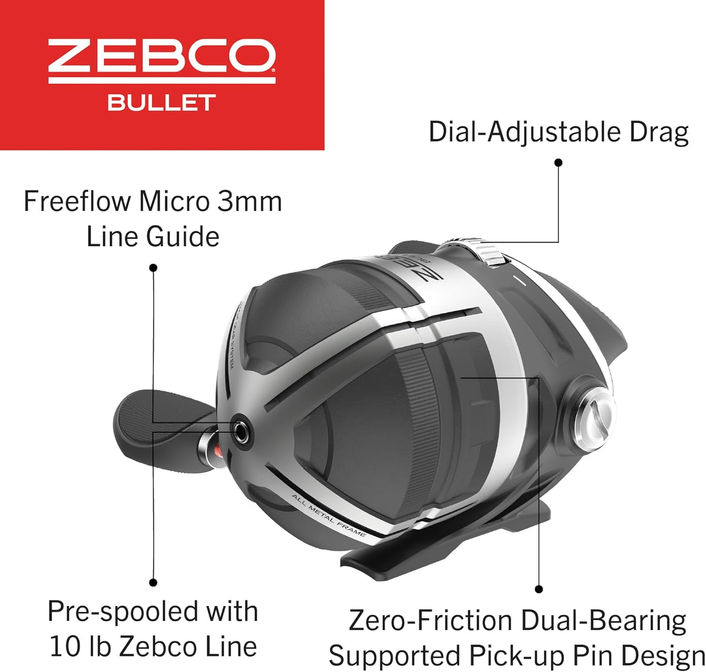 Zebco Bullet Spincast Fishing Reel Size 30 Reels 29.6" Fast in One Turn GripEm All Weather Handle Knob 10 lb with Zebco Fishing Line Black Clam Package