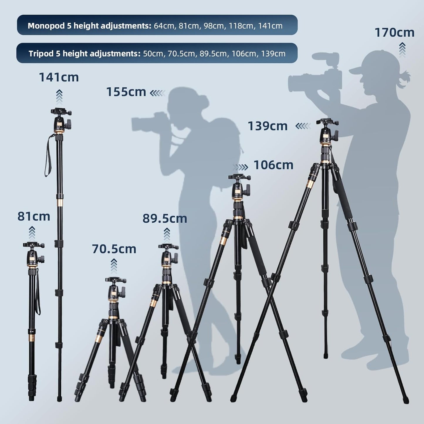 AFAITH Camera Tripod, Travel Tripod, 360 Degree Ball Head Monopod, Adjustable Monopod, 4 Tiers, Height 54.4 inches (139 cm), Length 14.4 inches (36.5 cm), Leg Diameter 9.4 inches (24 mm), Reverse