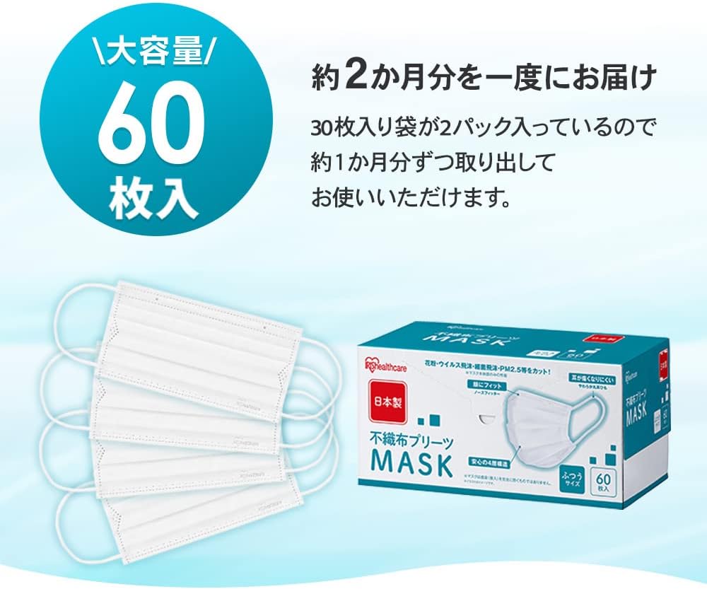 Iris Ohyama PN-NC60L Non-woven Fabrics Pleat, Regular Size, 60 Pieces, Soft Ears Painless, White, Commercial Use