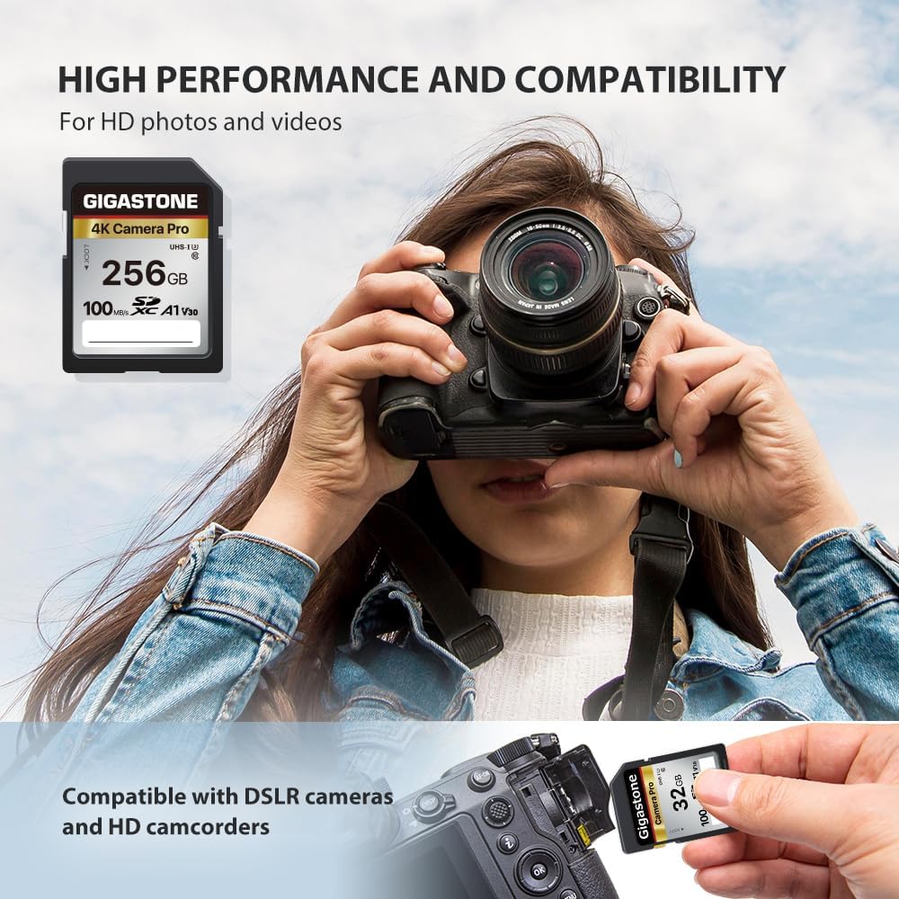 Gigastone SD Card 256GB Memory Card A1 V30 U3 Class 10 SDXC High Speed 4K UHD & Full HD Video for Canon Nikon and More Digital Camera SLR with 1 Mini Case