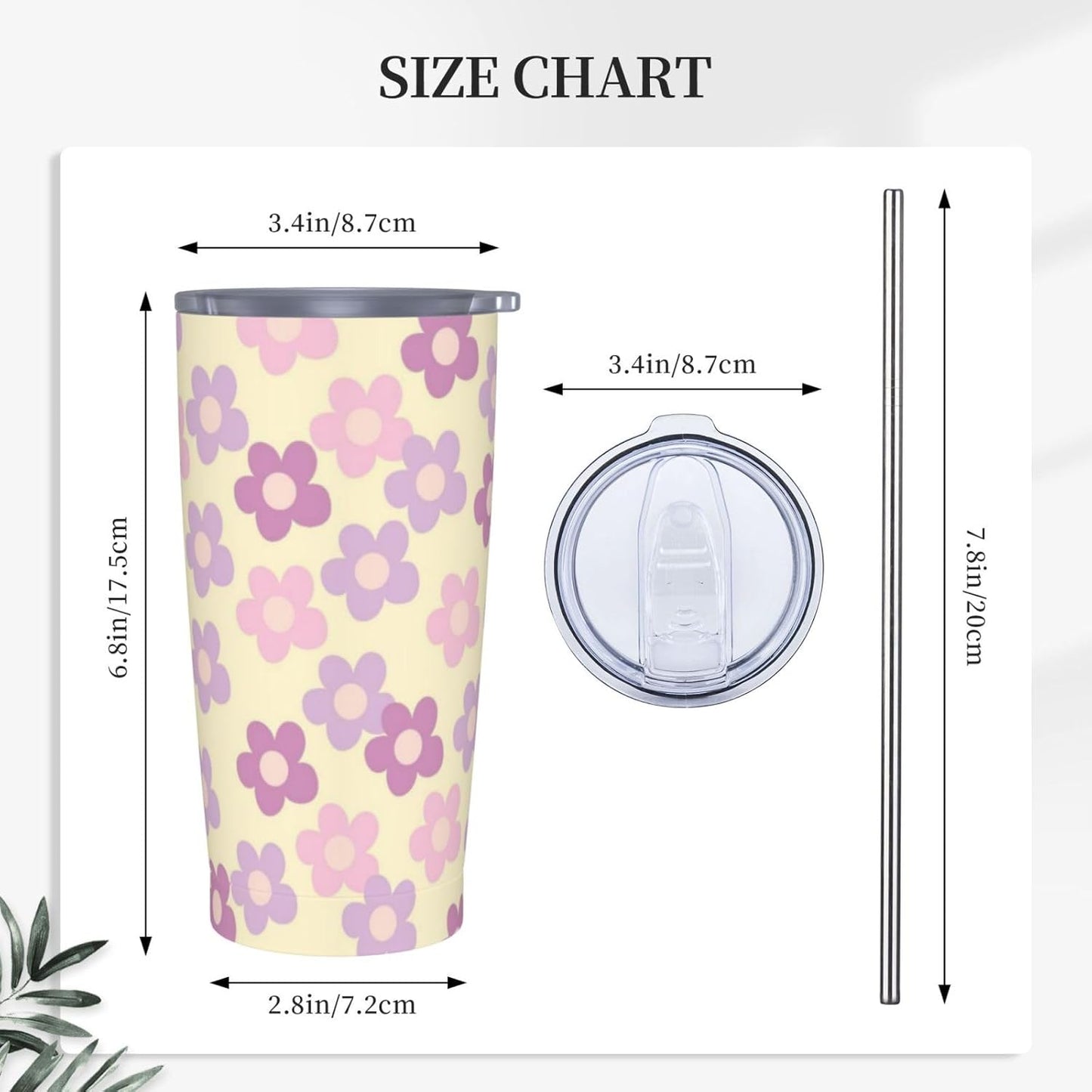 Vaso de 20 onzas con tapa y popote para mujer, diseño floral retro, con aislamiento, diseño floral retro, diseño de flores moradas, de acero inoxidable, taza de viaje al vacío de doble pared