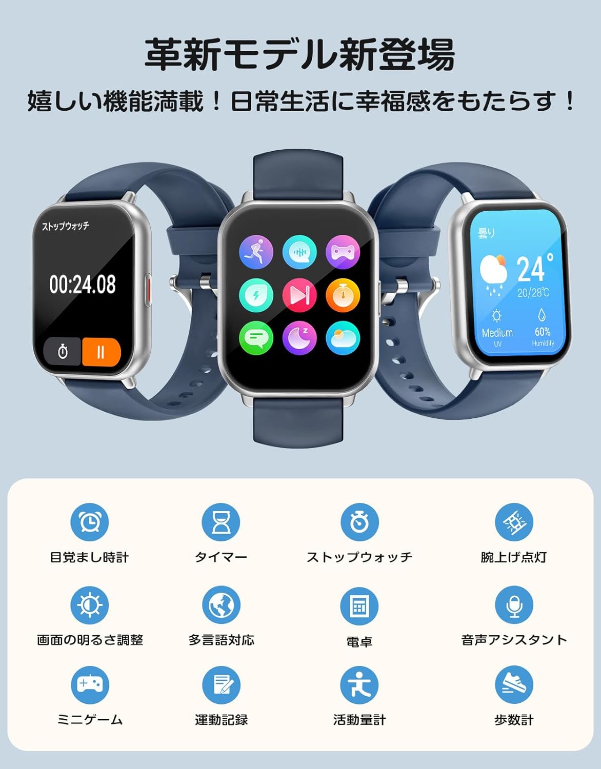 RUIMEN Smart Watch with Call Function, Women's, Smart Watch, iPhone and Android Compatible, Pedometer, Wristwatch, Incoming Call Notifications, Sleep Management, Flashlight, Weather Forecast, Music