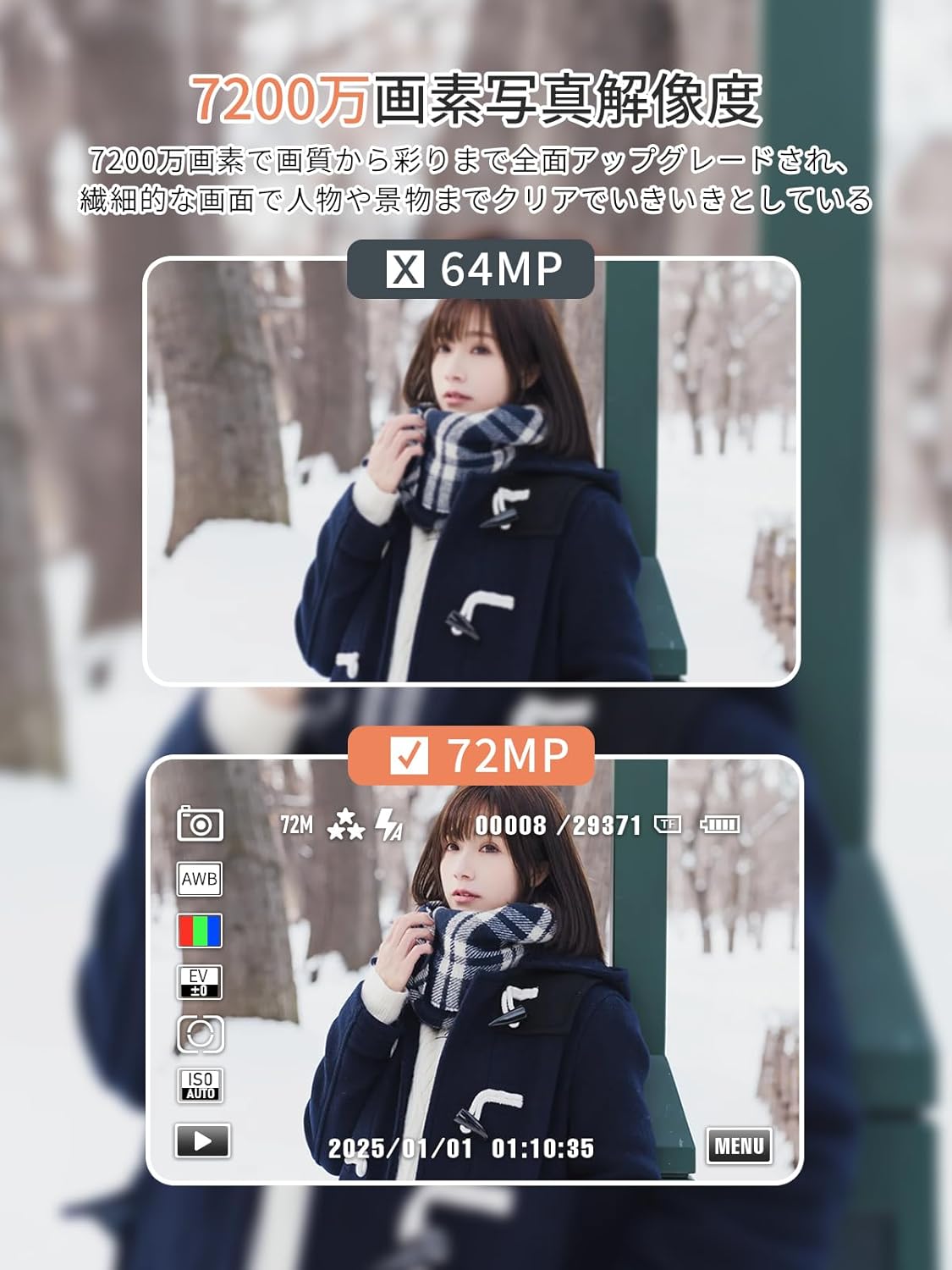 AiMike Digital Camera, 5K Digital Camera, WIFI Transfer Function, 72 Megapixels, 64 GB Micro SD Card, 16x Digital Zoom, Autofocus Function, LED Light, Webcam, 2.8 Inch Large Screen, 2 Batteries