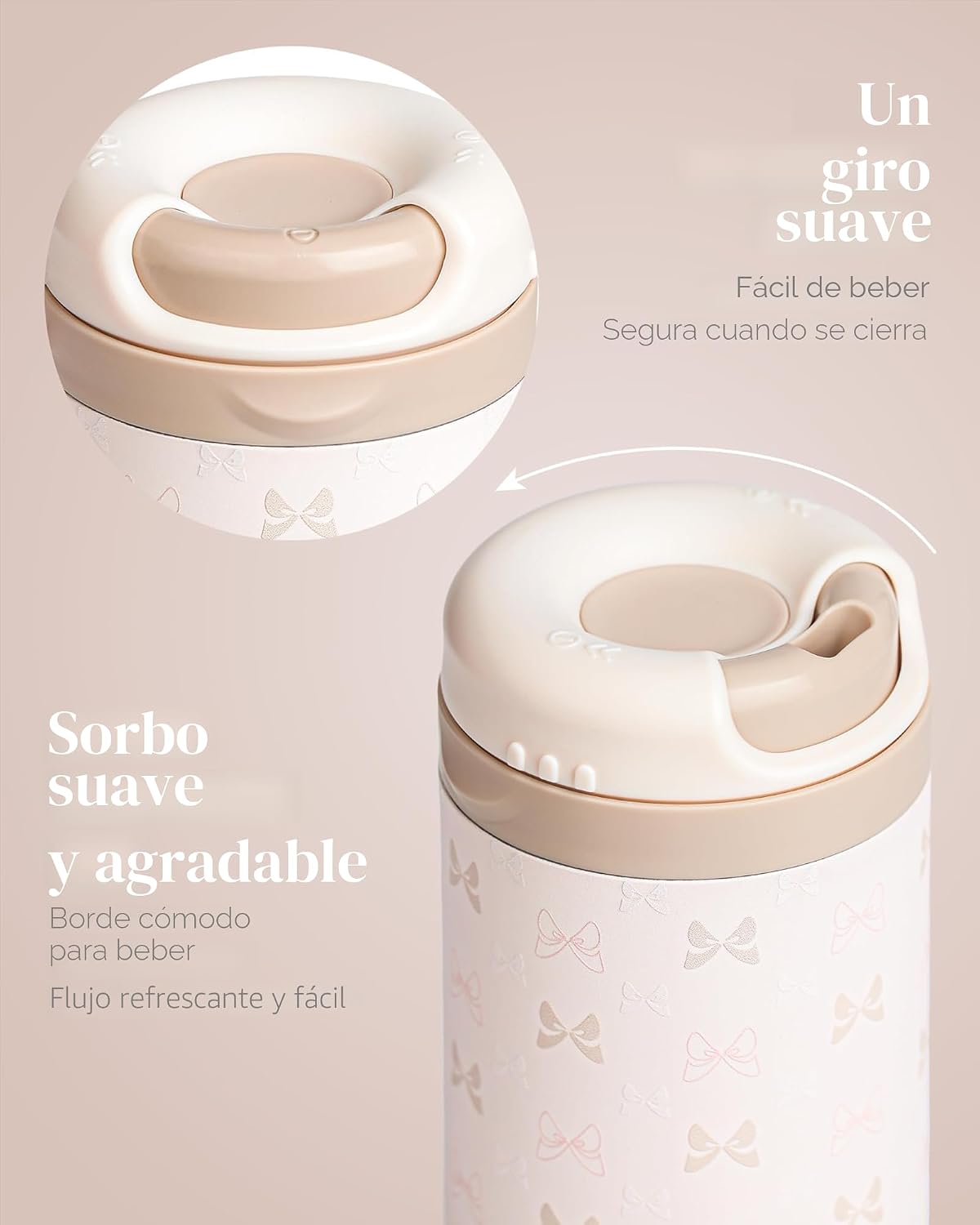 Vaso de café de acero inoxidable de 15 onzas con tapa abierta giratoria, taza de viaje aislada para café helado, infusión fría y bebidas calientes, a prueba de fugas, sin BPA, apto para portavasos, crema con lazo