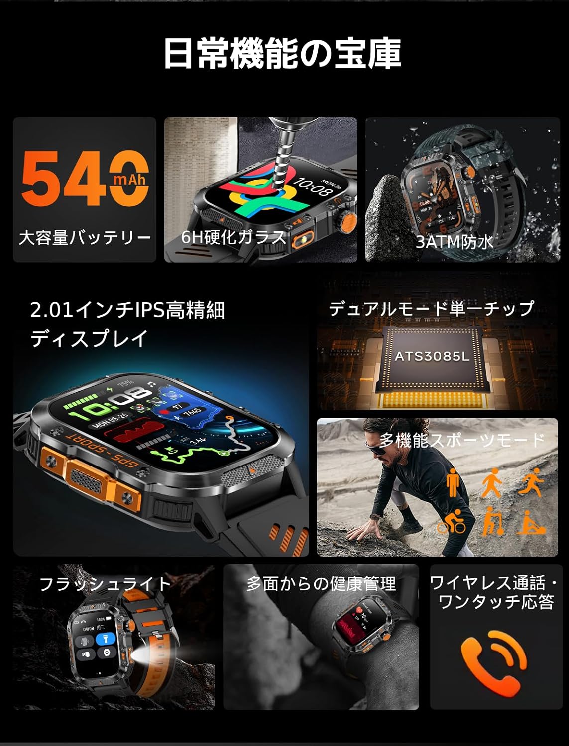 Smart Watch, Large 2.01-inch Screen, Built-in GPS, Military Standards, IP68 Waterproof), Long Battery Time, Bluetooth 5.3 Calls, Smartwatch, iPhone Compatible, Android Compatible, Japanese Display