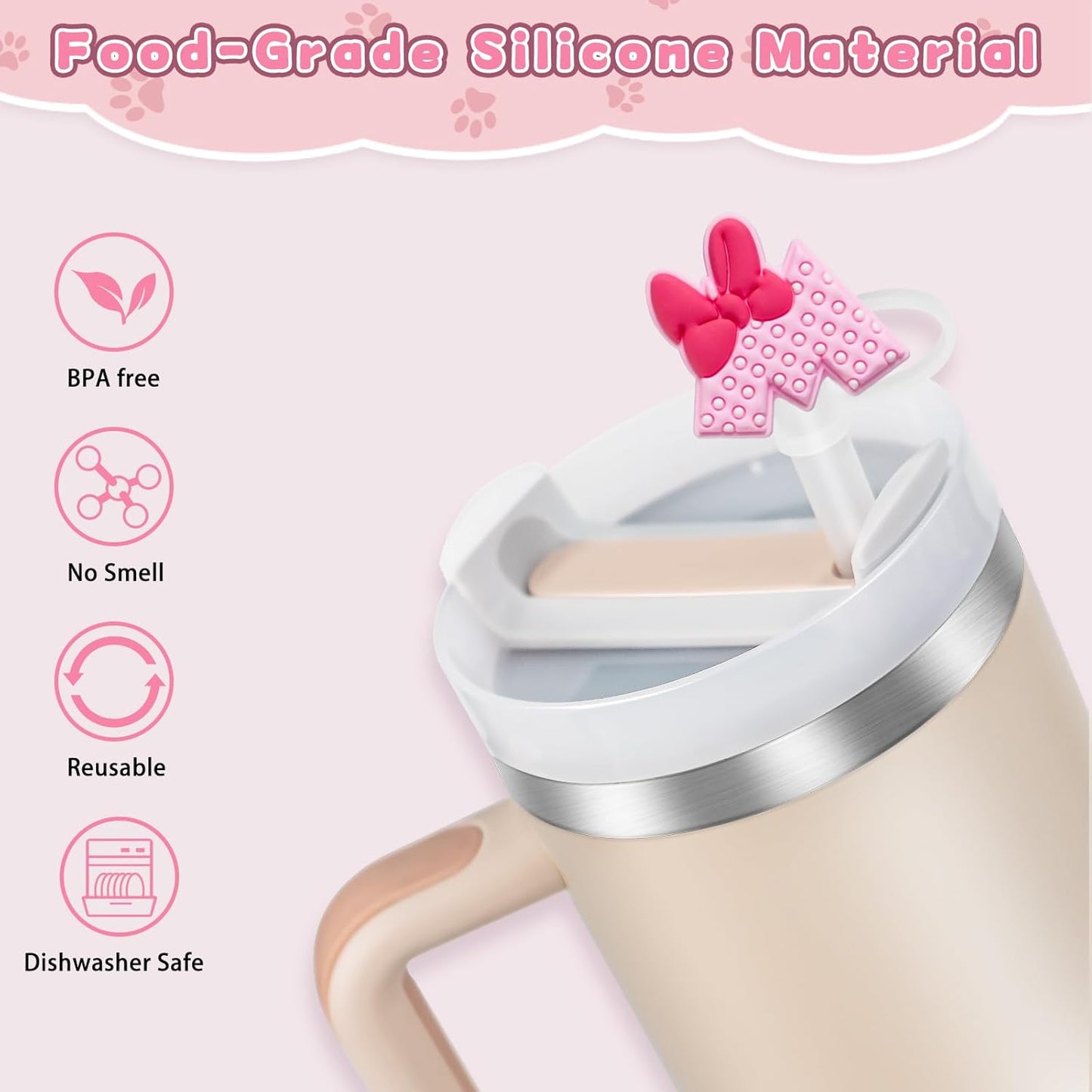 9 cubiertas de pajita para vaso Stanley Tumbler de 30 oz / 40 oz, tapas de pajita a prueba de fugas de 10 mm de silicona, lindas cubiertas para accesorios de vaso Stanley - Ratones rosados - 9 piezas