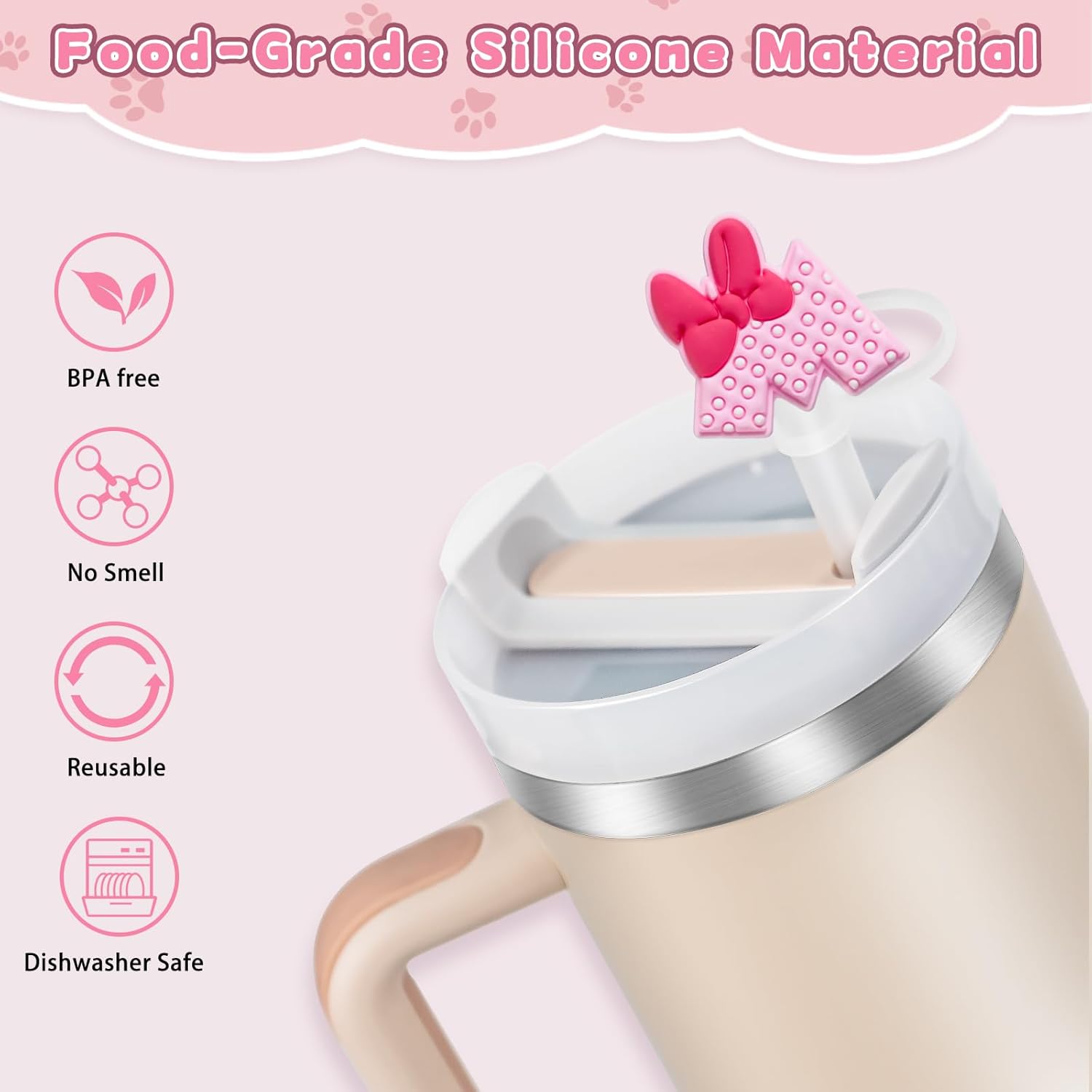 9 cubiertas de pajita para vaso Stanley Tumbler de 30 oz / 40 oz, tapas de pajita a prueba de fugas de 10 mm de silicona, lindas cubiertas para accesorios de vaso Stanley - Ratones rosados - 9 piezas