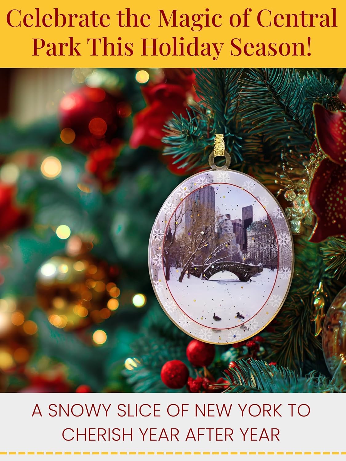 Adorno Love Bridge in Central Park Winter New York, coleccionable de Navidad de Nueva York, latón de doble cara con purpurina y epoxi, caja de regalo, 2.5 x 3 pulgadas por ArtMalore