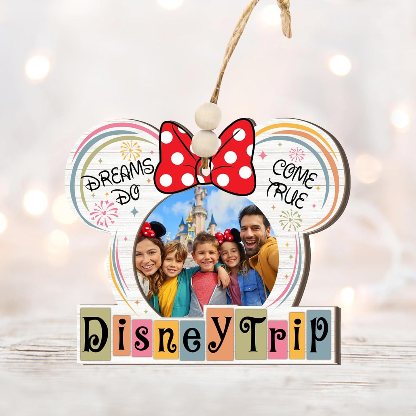 Adorno de Madera para Fotos de Viaje de Vacaciones Familiares – Orejas con Diseño de Lazo, "Dreams Do Come True" Recuerdo de Vacaciones Familiares del Reino Mágico, Decoración Rústica Navideña con