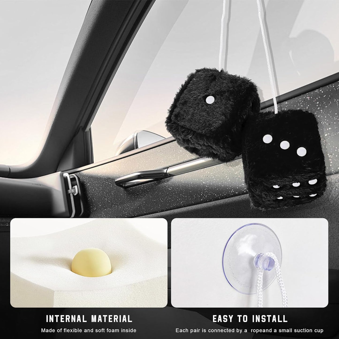 2 dados de felpa mullidos con puntos, decoración cuadrada retro de 3 pulgadas, lindo colgante de espejo retrovisor, dados de felpa suave, adorno clásico para colgar en interiores de automóvil